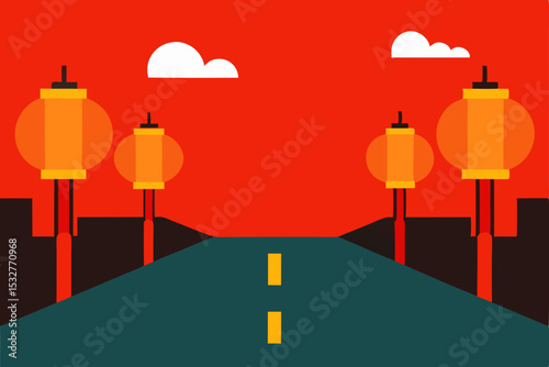 Vector illustration of a restaurant menu sign and a street lamp on a future city road with light traffic and a clear sky, depicting the way to travel