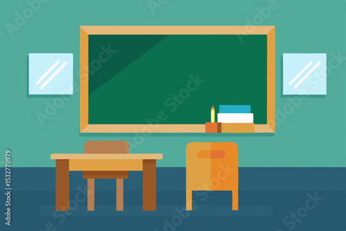 Back to school classroom interior with an empty blackboard, desk, and chair