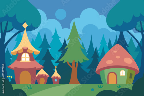 Winter wonderland vector illustration: a fairy tale castle in a snowy mountain landscape with festive Christmas trees and cozy village homes