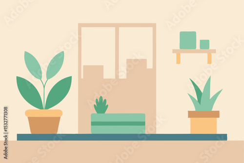 Vector illustration of an indoor living room with plants, flowers, and home decor