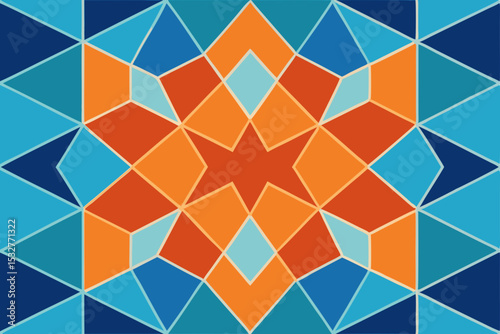 Colorful abstract seamless geometric pattern with decorative mosaic shapes and retro-style triangle elements
