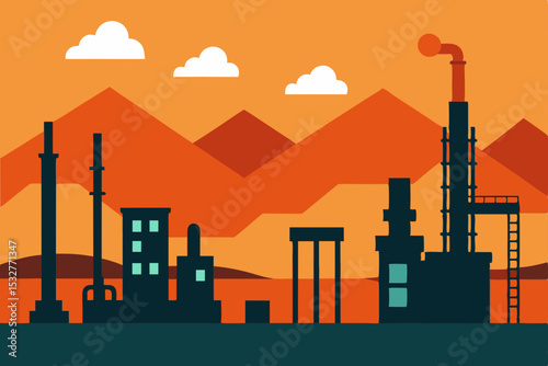 Industrial oil refinery plant silhouette at night with urban city skyline architecture