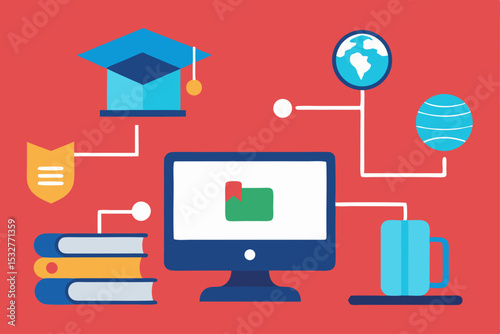 Flat design vector icons for business, technology, and web on a computer screen