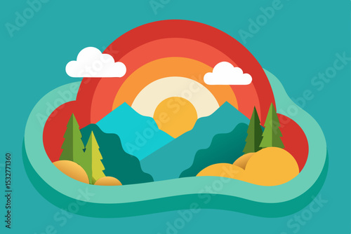 Vector illustration of a summer tropical beach landscape with palm trees, sun, sea, and sky