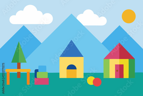 Colorful Blocks Houses and Mountains A Playful Illustration for Kids
