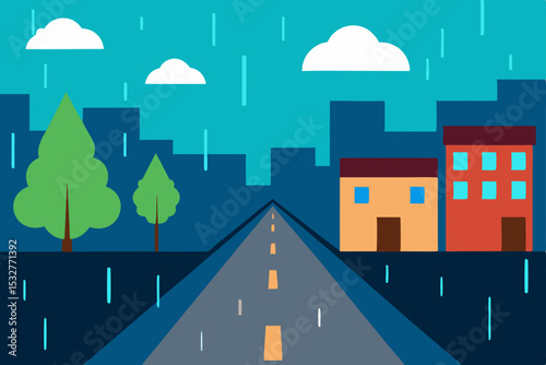 Rainy Cityscape A Serene Street View on a Rainy Day