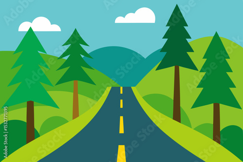 Scenic Road Trip Winding Road Through Lush Green Mountains and Pine Trees