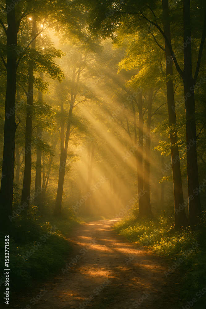 Fototapeta premium A serene forest scene with sunlight streaming through the trees, illuminating a winding path surrounded by lush greenery.