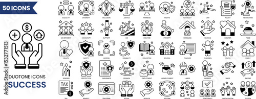 Success icon set in duotone style. Icons related to progress, career, growth, profit and more. Vector illustration