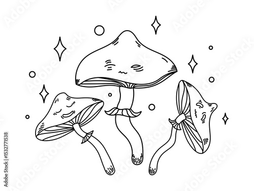 Doodle outline of three evil psychedelic mushrooms with eyes and mouths, cartoon toxic toadstools, trippy fantasy fungi, horror cute style, hand drawn sketch