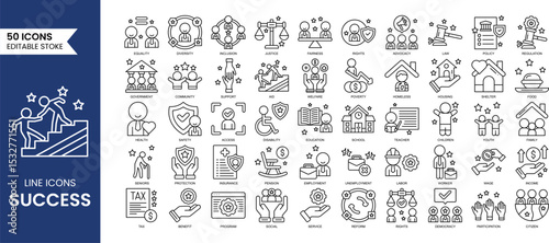 Success line editable icon set. Icons related to progress, career, growth, profit and more. Vector illustration