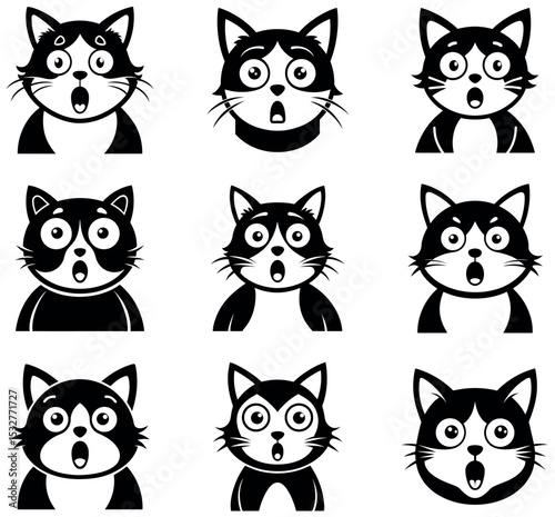 Set of Shocked and Surprised Cat Face Cartoon Icons