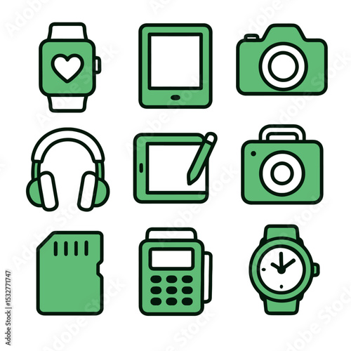 Electronic & gadget icons. Smartwatch, tablet, camera, headphone, drawing tablet, sdcard, calculator, watch