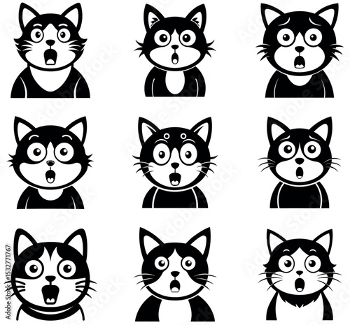 Set of Shocked and Surprised Cat Face Cartoon Icons