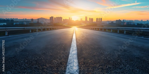Empty Highway Leading to City at Sunrise with Vibrant Sky concept road blue sky travel drive