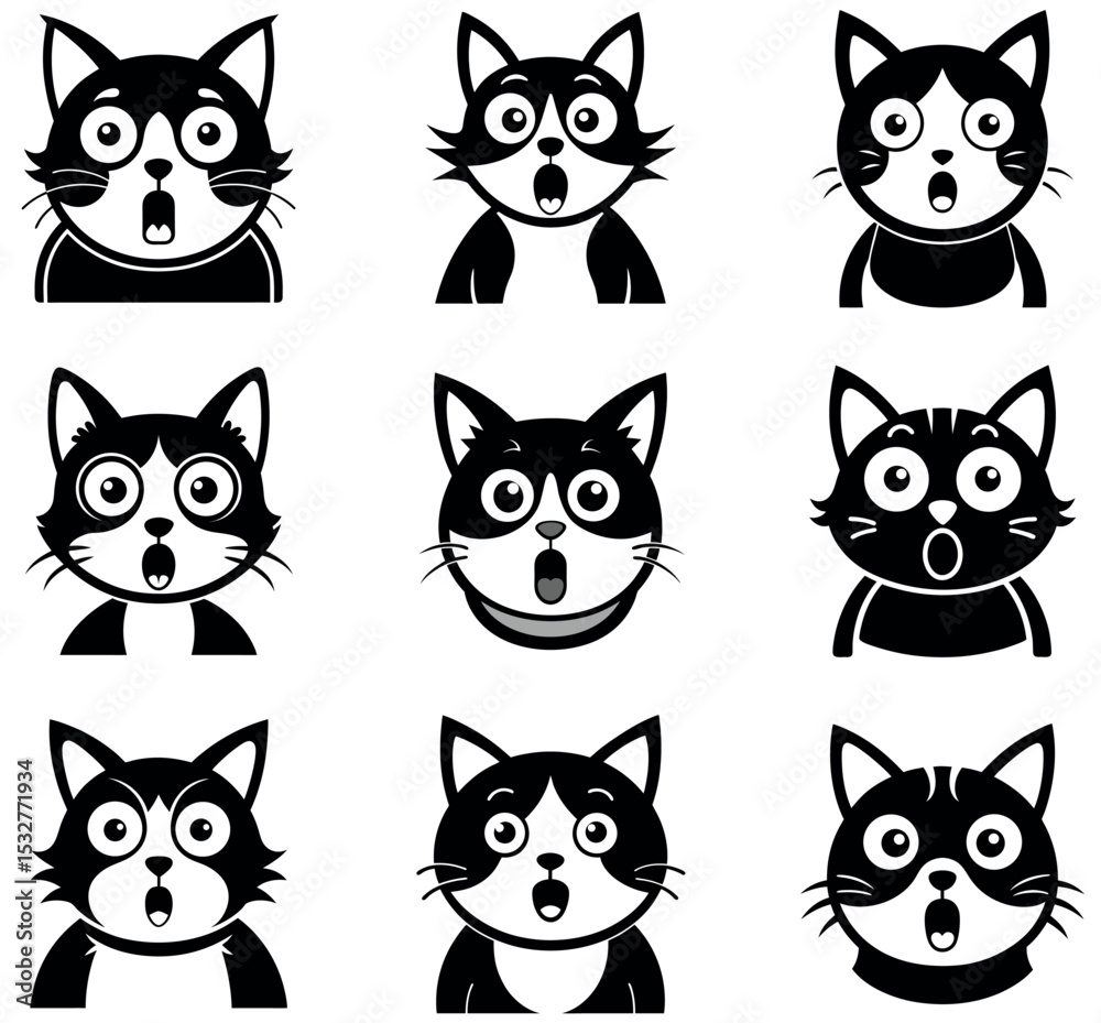 Fototapeta premium Set of Shocked and Surprised Cat Face Cartoon Icons