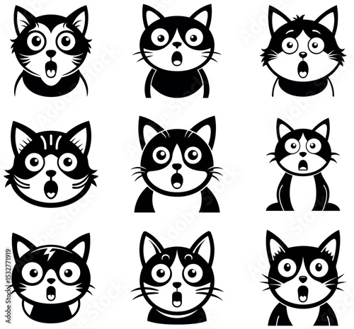 Set of Shocked and Surprised Cat Face Cartoon Icons