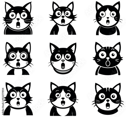 Set of Shocked and Surprised Cat Face Cartoon Icons