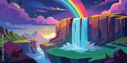 Fantasy Waterfall with Rainbow and Sunset in a Magical Landscape – Vector Illustration