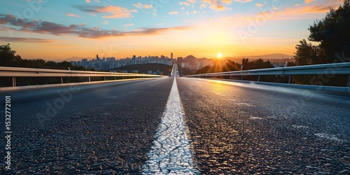Empty Highway Leading to City at Sunrise with Vibrant Sky concept road blue sky travel drive