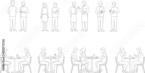 inimal line art illustration of people characters in daily activities, including sitting, reading, sleeping, working, drawing, relaxing, using gadgets, and casual lifestyle scenes