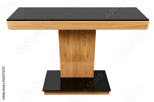 Modern wooden coffee table with black glass top isolated on transparent background