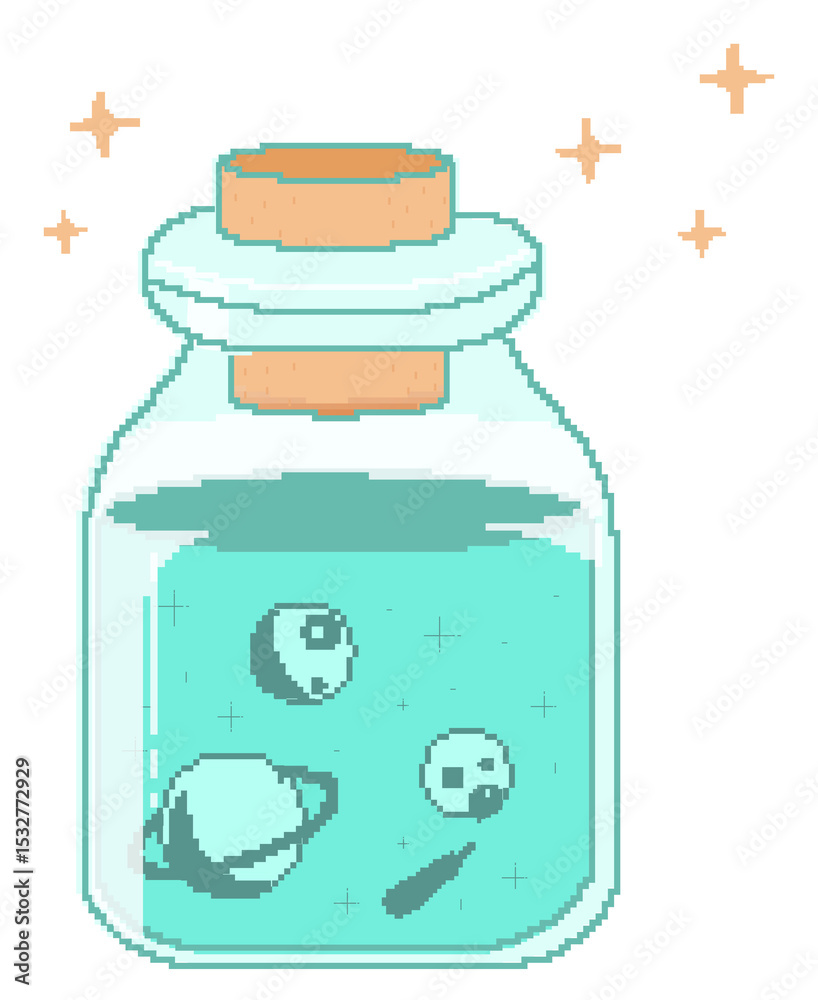 Naklejka premium Mini cosmic scene is glowing inside pixel art glass jar, planet orbiting on transparent background