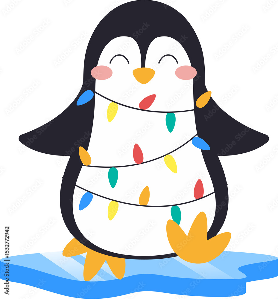 Obraz premium Flat cartoon penguin is standing on ice patch wearing multicolored lights on transparent background