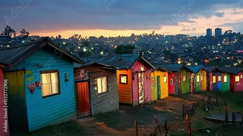 Colorful huts illuminate the hillside as the sun sets over the vibrant cityscape