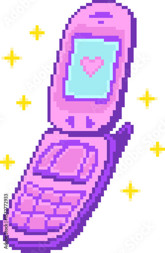Pixel art pink flip-phone is opening, featuring cyan heart icon and yellow stars, clear background