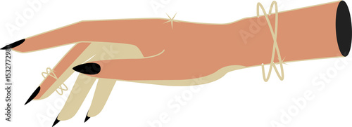 Flat vector art is showing peach-toned arm pointing with black nails, rings, transparent background
