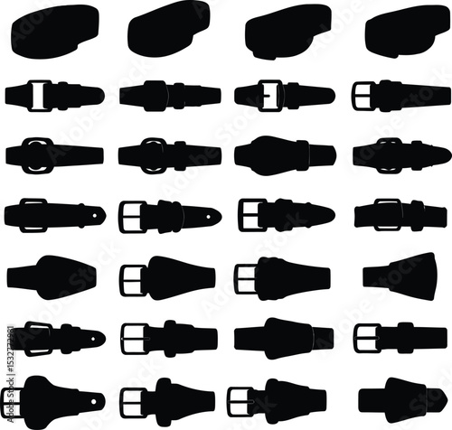 Extensive collection of black vector canvas belt and buckle silhouettes, perfect for casual fashion, apparel concepts, and accessory graphic projects.