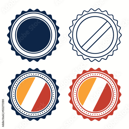 Collection of Four Vector Badge Designs with Varied Styles Colors and Fill Patterns Including Solid Outline and Diagonal Stripes Suitable for Logo Elements or