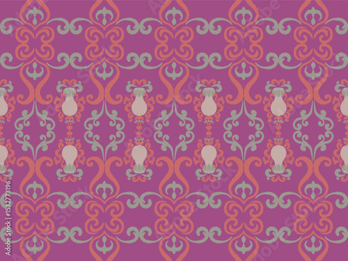 A seamless purple floral pattern with symmetrical shapes and decorative swirls, creating an elegant and vintage textile design.
