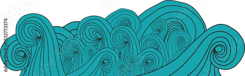Abstract stylized ocean waves are flowing on transparent background, with teal curling crests
