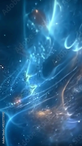 Vibrant blue light display over a bustling city at night with shimmering reflections and dynamic movement