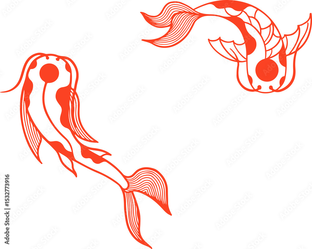 Fototapeta premium Pair of ornamental koi-like fish are circling in transparent background line art, showing fins
