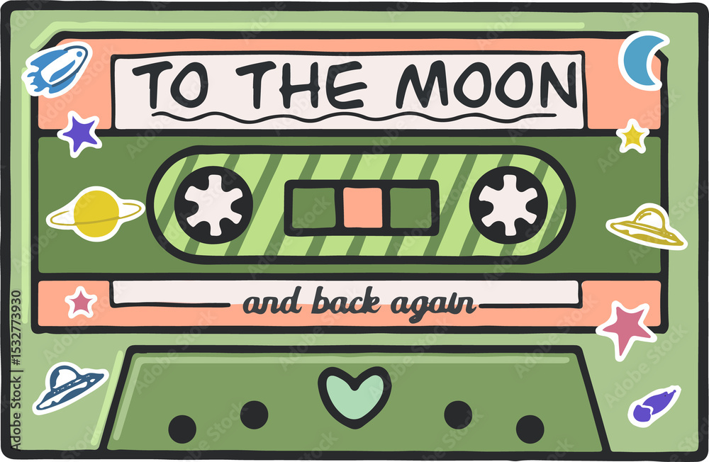 Naklejka premium Retro cassette tape is floating in flat vector style with space stickers on transparent background