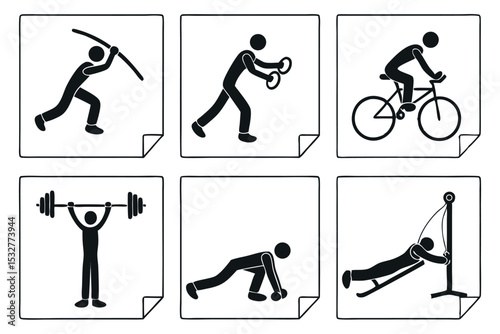 Collection of Black and White Pictograms Depicting Sports and Fitness Activities on White Paper with Folded Corners Including Javelin Gymnastics Rings Cycling Weightlifting Pushups