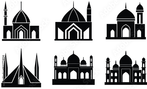 Historical Mosque Silhouette Vector Collection – Iconic Islamic Architecture from Mughal, Ottoman, Moorish, Persian, and Medieval Eras for Cultural and Religious Design Themes