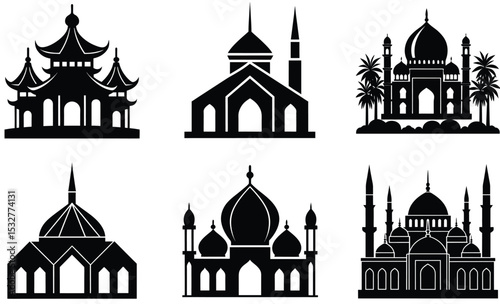 Global Mosque Silhouette Vector Collection – Ottoman, Mughal, Moorish, Modern, Arab, Persian, Southeast Asian & Chinese Islamic Architecture Designs (EPS)