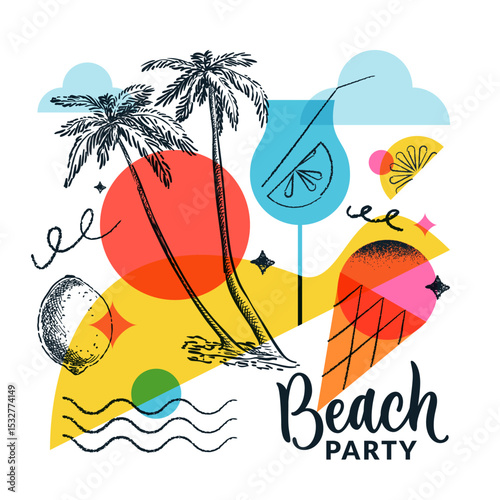 Beach summer party banner, bar menu, poster design. Vector colorful collage with sketch palm, cocktail, lemon, ice cream