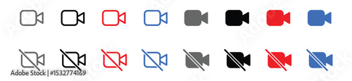 “Camera Off and Recording Blocked Icon Set – Crossed Video Camera, Camcorder Symbols, and No Recording Pictograms in Clean Vector Style”
