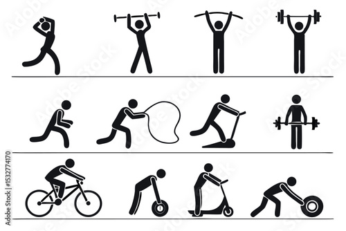 Diverse Exercise Pictograms A Collection of Stick Figures Engaging in Various Physical Activities Including Weightlifting Running Cycling and Using Exercise Equipment All Presented in