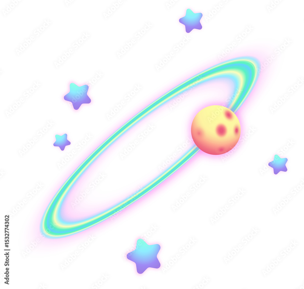 Naklejka premium Stylized pastel-ringed planet is floating in flat design with star shapes, transparent backdrop