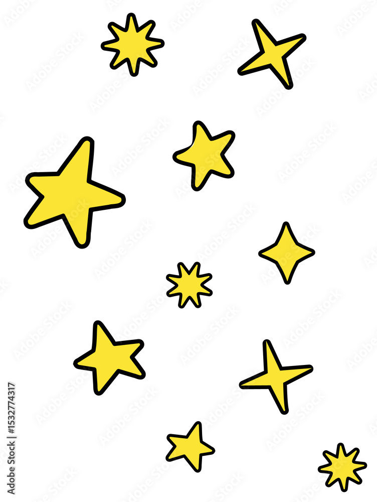 Naklejka premium Group of stylized yellow stars are floating in transparent flat design with glowing outlines