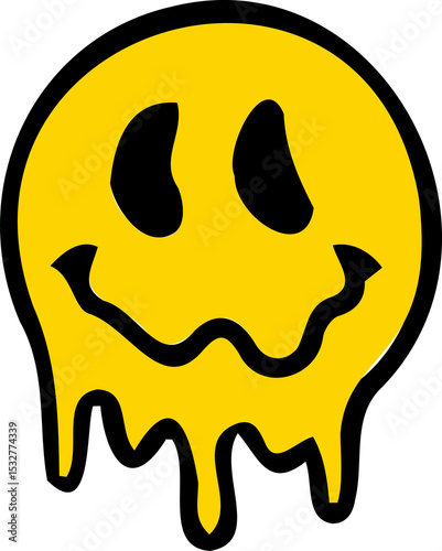 Stylized melting yellow smiley face emoji is dripping in flat design on transparent background