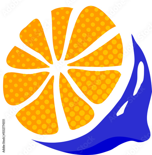 Flat design orange slice is showing rind, dotted pattern and blue splash on transparent background
