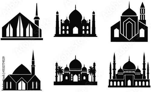 Global Mosque Silhouette Vector Collection – Ottoman, Mughal, Moorish, Modern, Arab, Persian, Southeast Asian & Chinese Islamic Architecture Designs (EPS)