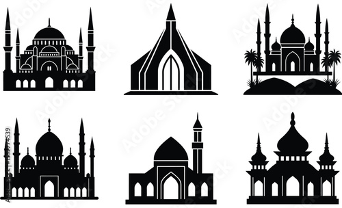 Global Mosque Silhouette Vector Collection – Ottoman, Mughal, Moorish, Modern, Arab, Persian, Southeast Asian & Chinese Islamic Architecture Designs (EPS)
